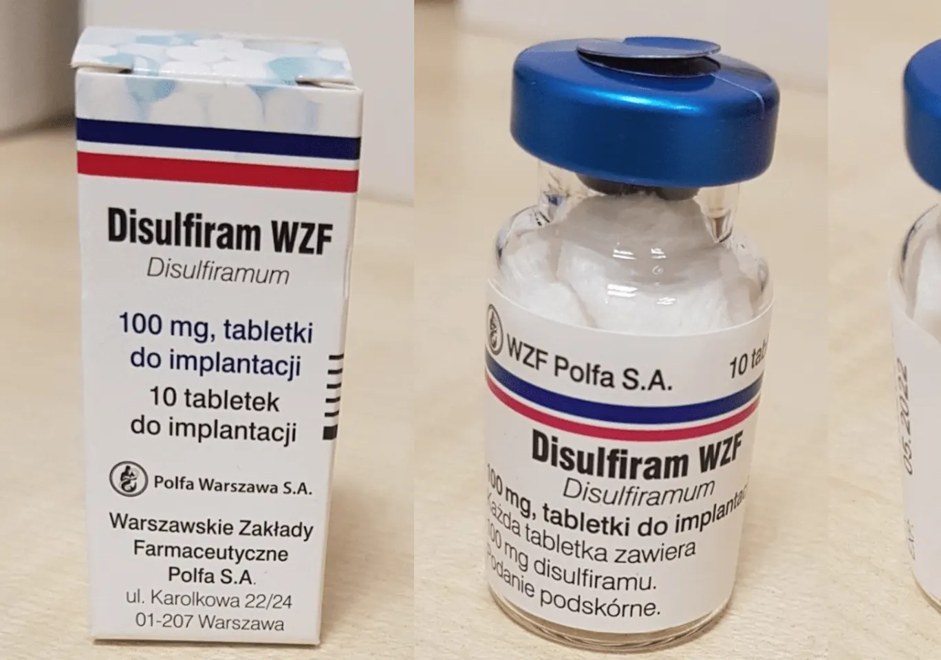Wszywka alkoholowa Esperal Krasnystaw: fiolka disulfiramu obok opakowania leku